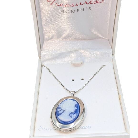 Treasured Moments Sterling Silver Blue Resin Cameo Locket Pendant Chain Necklace